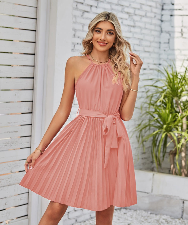 Halter Strapless Dresses For Women Solid Pleated Skirt Summer Beach Sundress