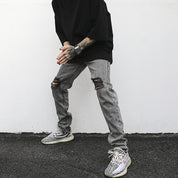 European And American High Street Wind-Washed Water Distressed Gray Ripped Zipper Slim-Fit Jeans With Small Feet Kanye Hip-Hop Trousers Trendy Men