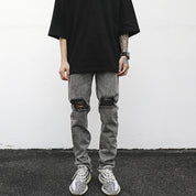 European And American High Street Wind-Washed Water Distressed Gray Ripped Zipper Slim-Fit Jeans With Small Feet Kanye Hip-Hop Trousers Trendy Men