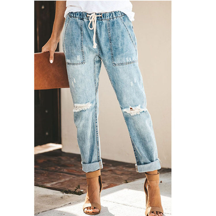 Straight Ripped Jeans For Women Drawstring Trousers With Pockets Fashion Pants