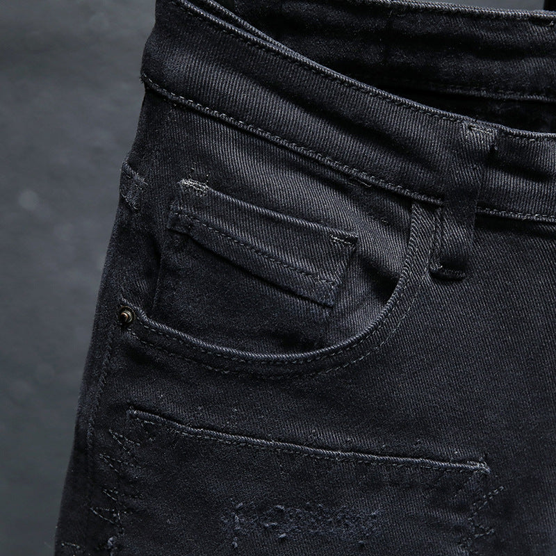 Spring And Summer New Jeans Pure Black Ripped Stretch Jeans Men Black Jeans Men