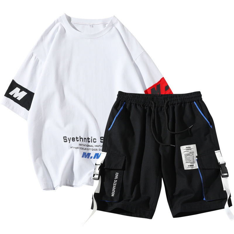 Summer Men's Sets Track Suit Mens Casual Loose Short-sleeved T-shirt Shorts 2-piece Sets Cotton Print Large Size