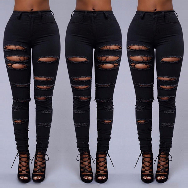 High Quality Women Casual Hole Jeans High Waist Skinny Pant Pencil Jeans Ripped Sexy Female Girls Trousers Denim Jeans