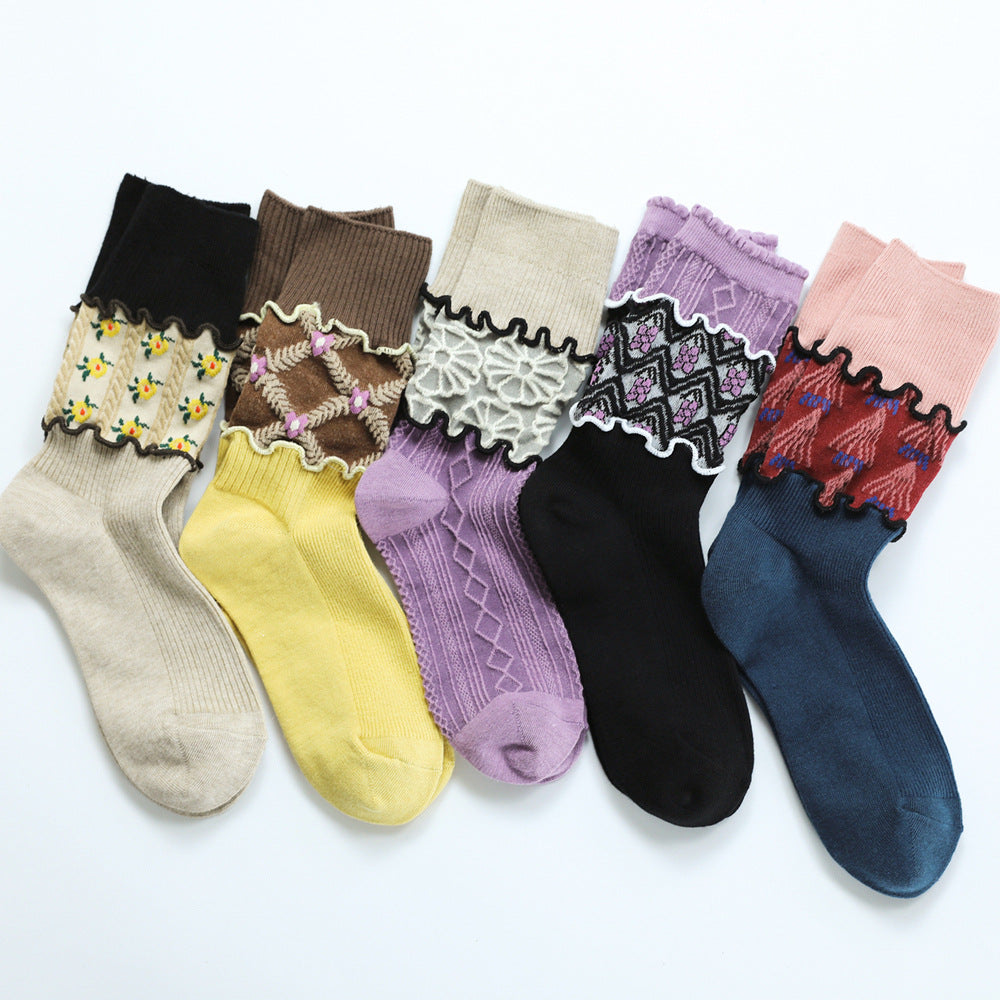 Floral Three-dimensional Relief Stitching Mixed Material Retro Spring Ladies Loose Socks