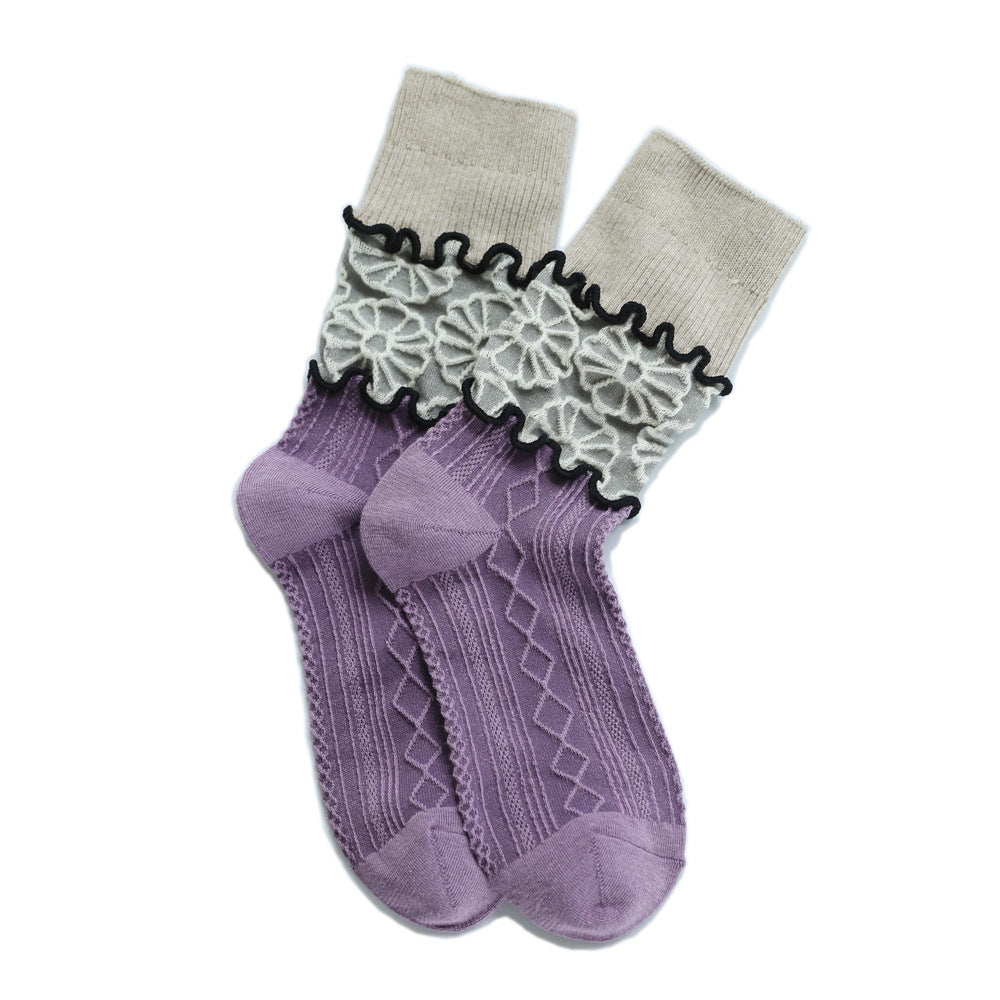 Floral Three-dimensional Relief Stitching Mixed Material Retro Spring Ladies Loose Socks