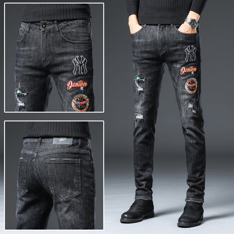 High-End Embroidered Ripped Slim-Fit Jeans