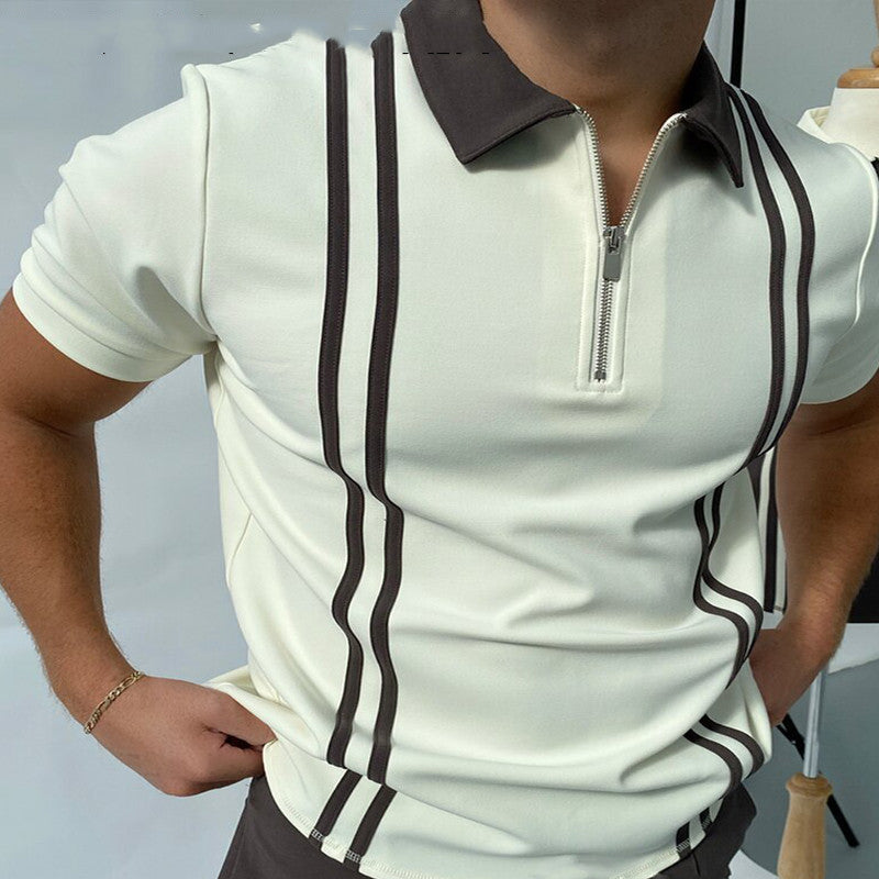Zip Colorblock Striped Short Sleeve Men's Polo Shirt