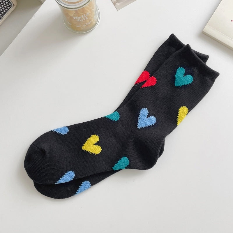 Color Matching Thick Thread Colored Loving Heart Pure Cotton Mid-calf Length Socks