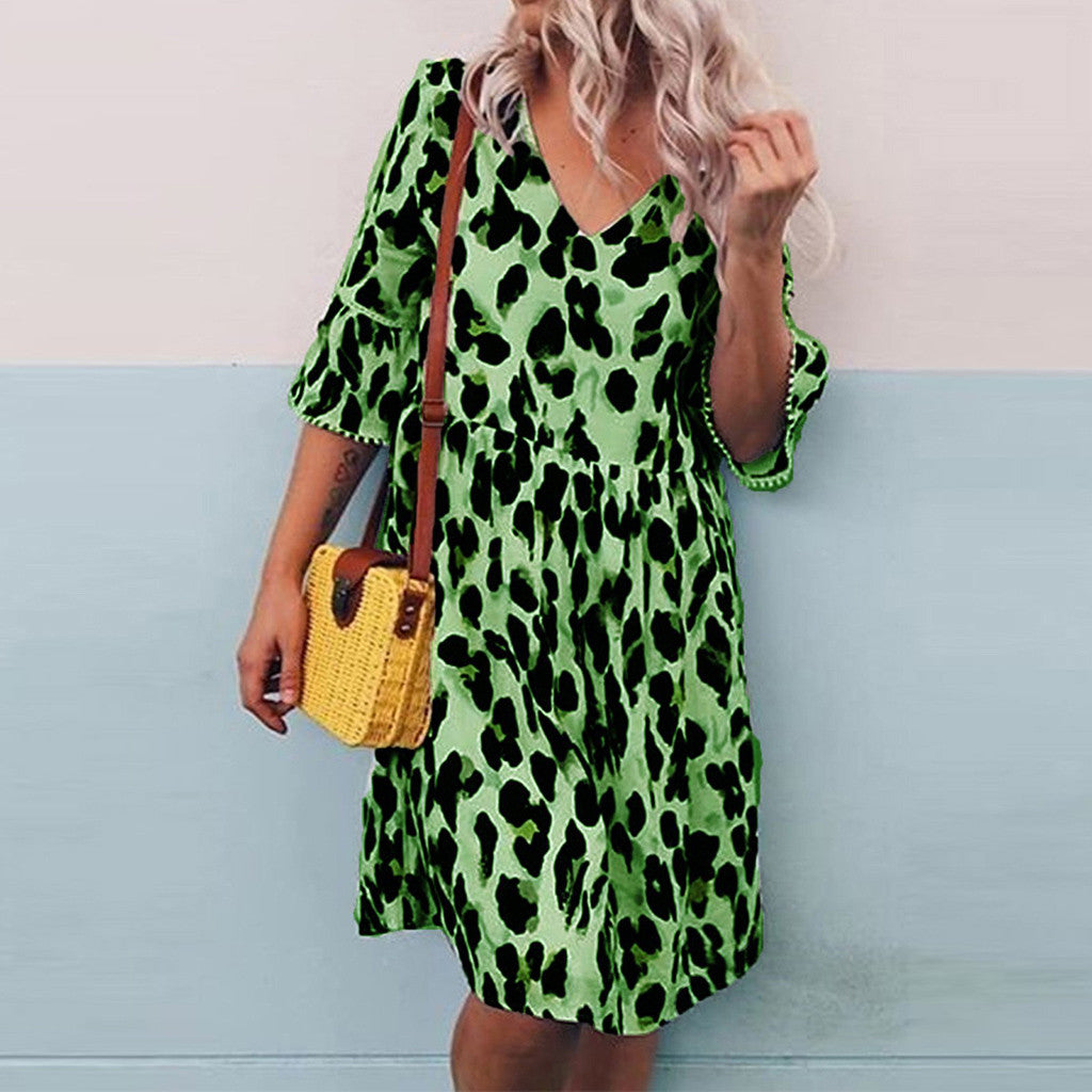 V-neck print leopard print dress