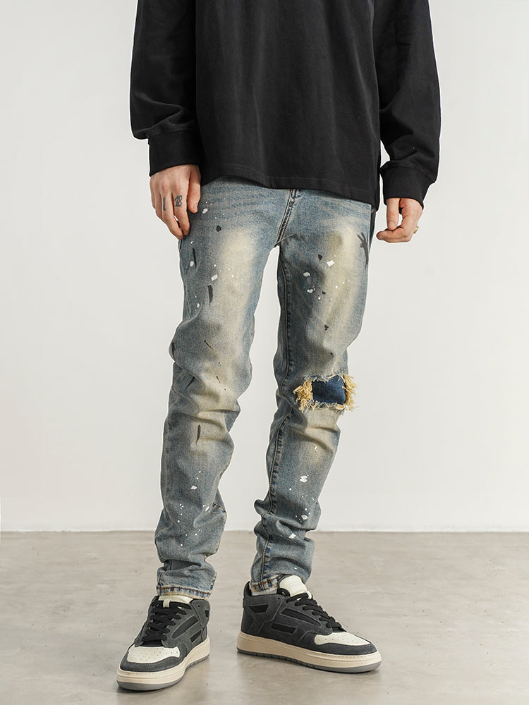 Slim-fit Slim-fit Jeans With Splashed Ink And Ripped Patches