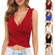 Cross Slim-fit Pleated Solid Color Vest Women's Short Top