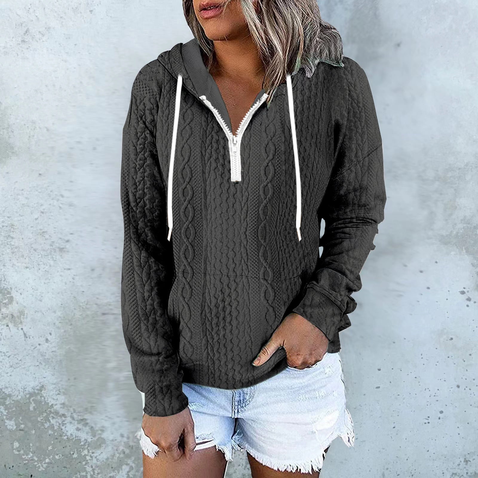 Twist Texture Design Hoodie Drawstring Sweatshirt Fashion Women Daily Clothing