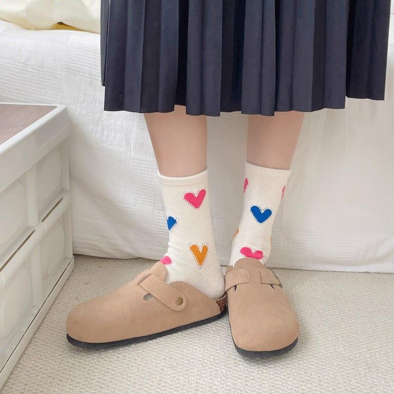 Color Matching Thick Thread Colored Loving Heart Pure Cotton Mid-calf Length Socks