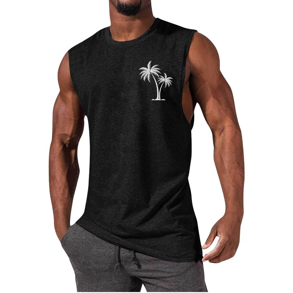 Coconut Tree Embroidery Vest Summer Beach Tank Tops Workout Muscle Men Sports Fitness T-shirt
