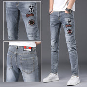 High-End Embroidered Ripped Slim-Fit Jeans