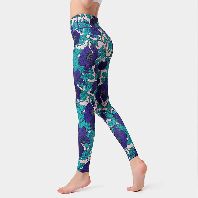Fashion Flowers Print Leggings High Waist Hip Lifting Yoga Pants For Women Sports Running Fitness Trousers