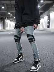 Leather Patch Zipper Biker Slim-fit Stretch Jeans