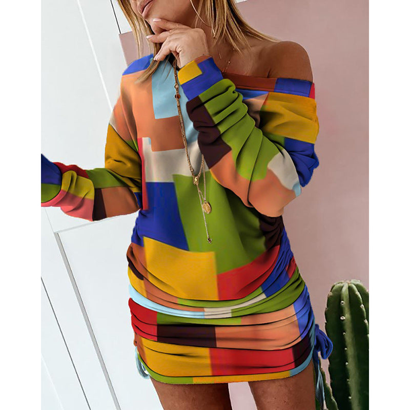Women's Color-clash Print Irregular Long-sleeved Dress