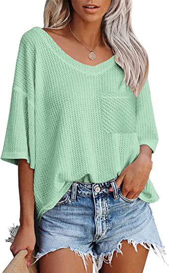 V-neck Shirts Women Summer Short Sleeve Green Tops With Patched Pocket
