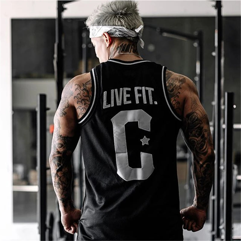 Mesh Patchwork Gym Workout Men Tank Tops Fitness Sleeveless Shirt Stringer Mens Bodybuilding Men Sportswear Vest Muscle Singlet