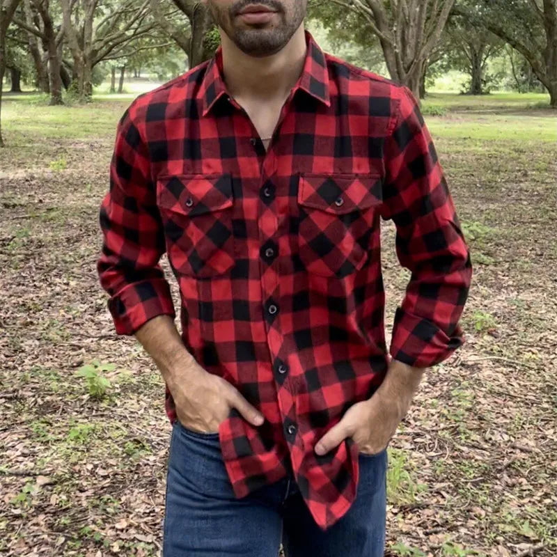 Fall Men's Flannel Plaid Long-Sleeved Casual Button Shirt USA Regular Fit Size S To 2XL, Classic Checkered, Double Pocket Design