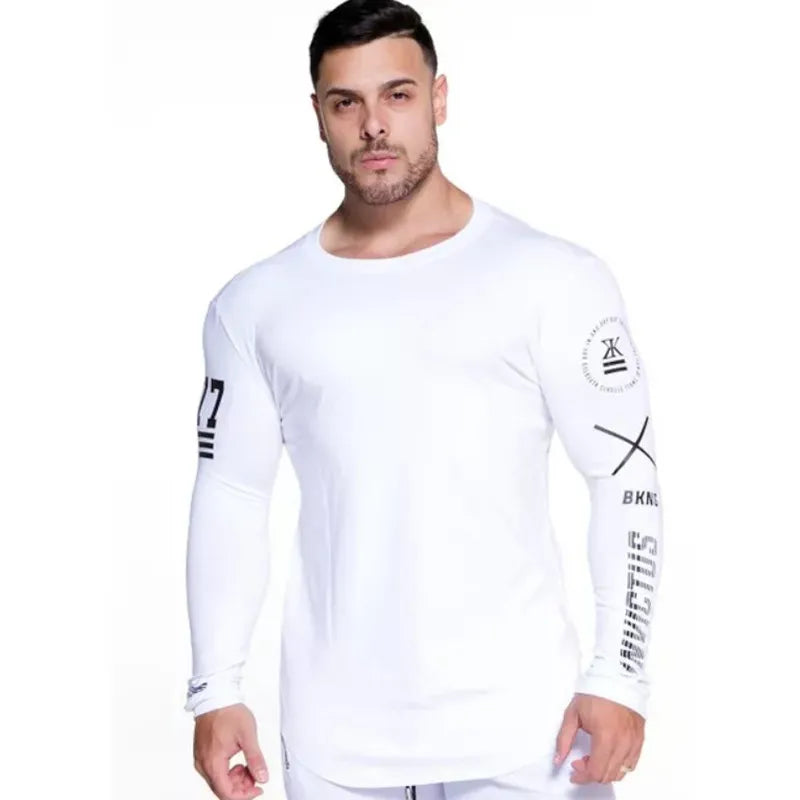 Men Bodybuilding Long Sleeve Shirt Male Casual Fashion Skinny T-Shirt Gym Fitness Workout Tees Tops Running Quick Dry Clothing