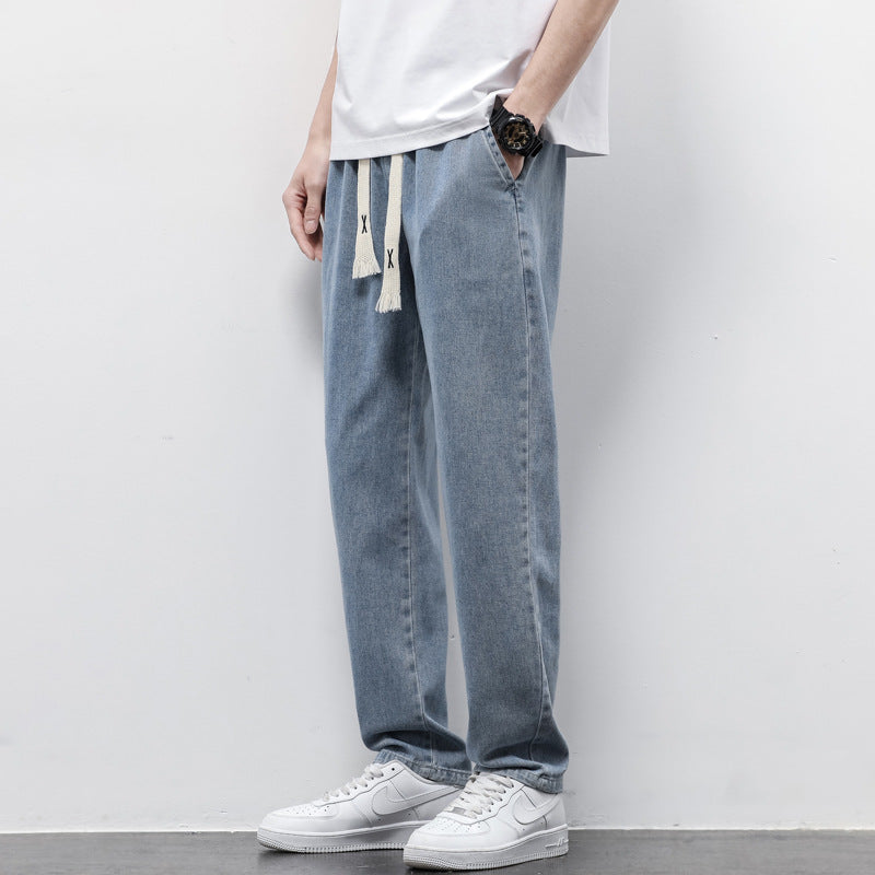 Summer Loose Wide Leg Jeans Pants Men Fashion Drawstring Elasticated Straight Trousers