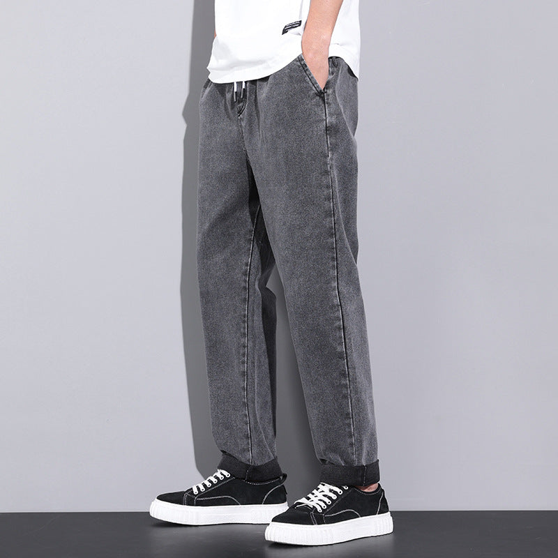 Summer Loose Wide Leg Jeans Pants Men Fashion Drawstring Elasticated Straight Trousers