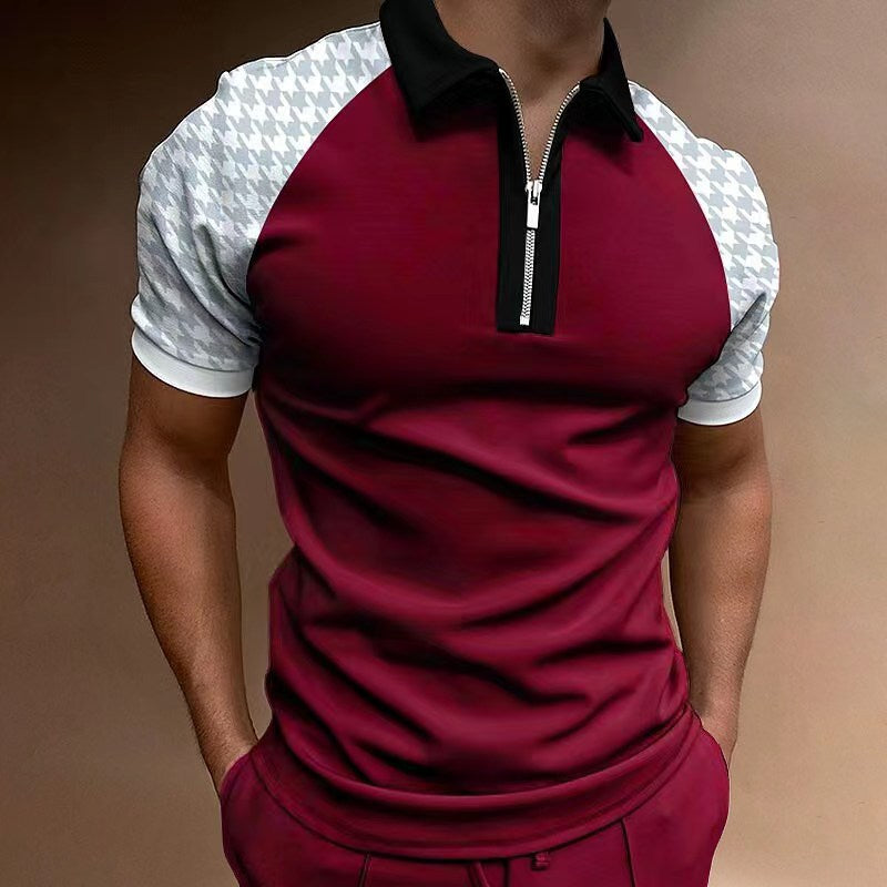 Men's Polo Shirt Short Sleeve Color Matching Plaid Zipper