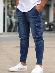 New Men's Slim Fit Stretch Jeans Casual Fashion Multi Pocket Cargo Denim Pants High Street Men's Jeans Work Hip Hop Trousers