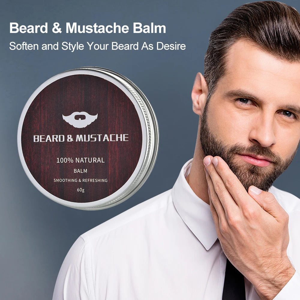 4pcs/set Beard Growth Kit For Men Hair Enhancer Thicker Mustache Grooming Beard Care Oil Moisturizer Wax Balm With Roller Comb