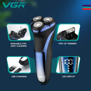 VGR Electric Shaver Professional Razor Waterproof Beard Trimmer Rotary 3D Floating Shaving Rechargeable Electric for Men V-306