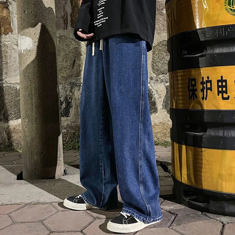 Korean Fashion Men's Baggy Jeans Elastic Waist  Classic olid Color Straight-leg Denim Wide-leg Pants Male Light Blue Grey Black