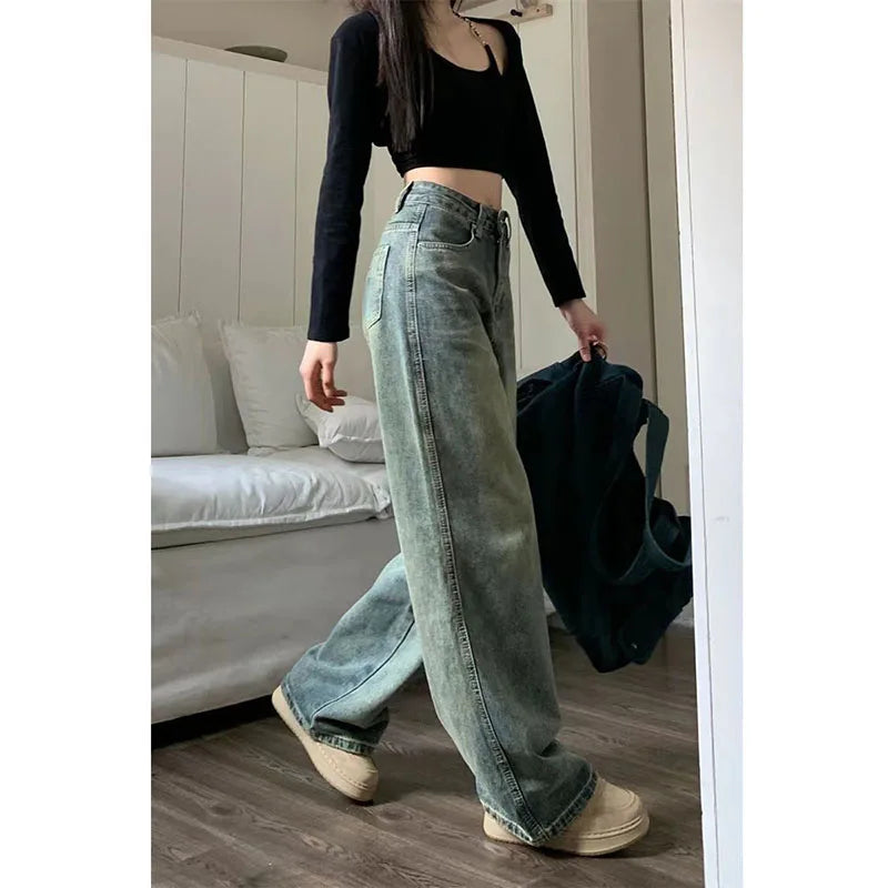 Vintage 90S Baggy Straight Denim Trousers Female Y2K High Waist Loose Wide Leg Jeans Women Streetwear All-Match Casual Pants New