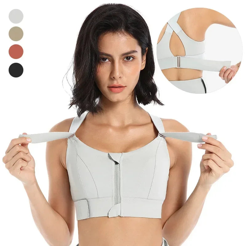 Large Size High-strength Sports Bra Women's Shockproof Running Big Chest Small Front Zipper Fitness Yoga Clothing Vest Underwear