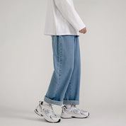 Korean Fashion Men's Baggy Jeans Classic All-match Solid Color Straight-leg Denim Wide-leg Pants Male Light Blue Grey Black