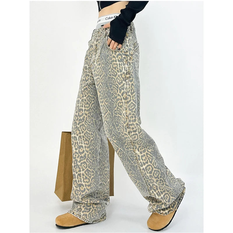 American Retro High Street Casual Overalls Leopard Print Loose Wide Leg Pants For Women Y2k Hip-hop Cargo Grunge Baggy Trousers