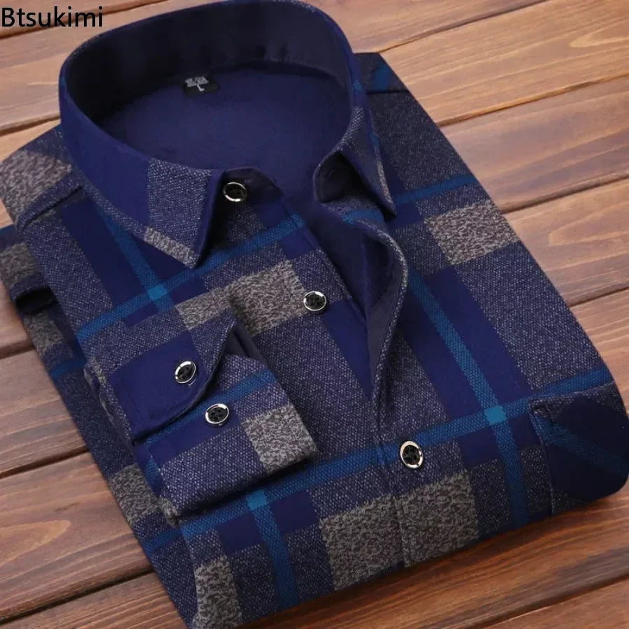 New Autumn Winter Warm Long Sleeve Plaid Shirts for Men Flannel Fur Lined Thick Formal Shirts Fleece Shirt for Men Dress Shirts