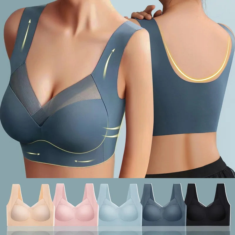 Women Tracless Breathable Sports Bra Inner Support Push Up Brassiere Vest Patchwork Mesh Gym Underwear Tops Padded Bras