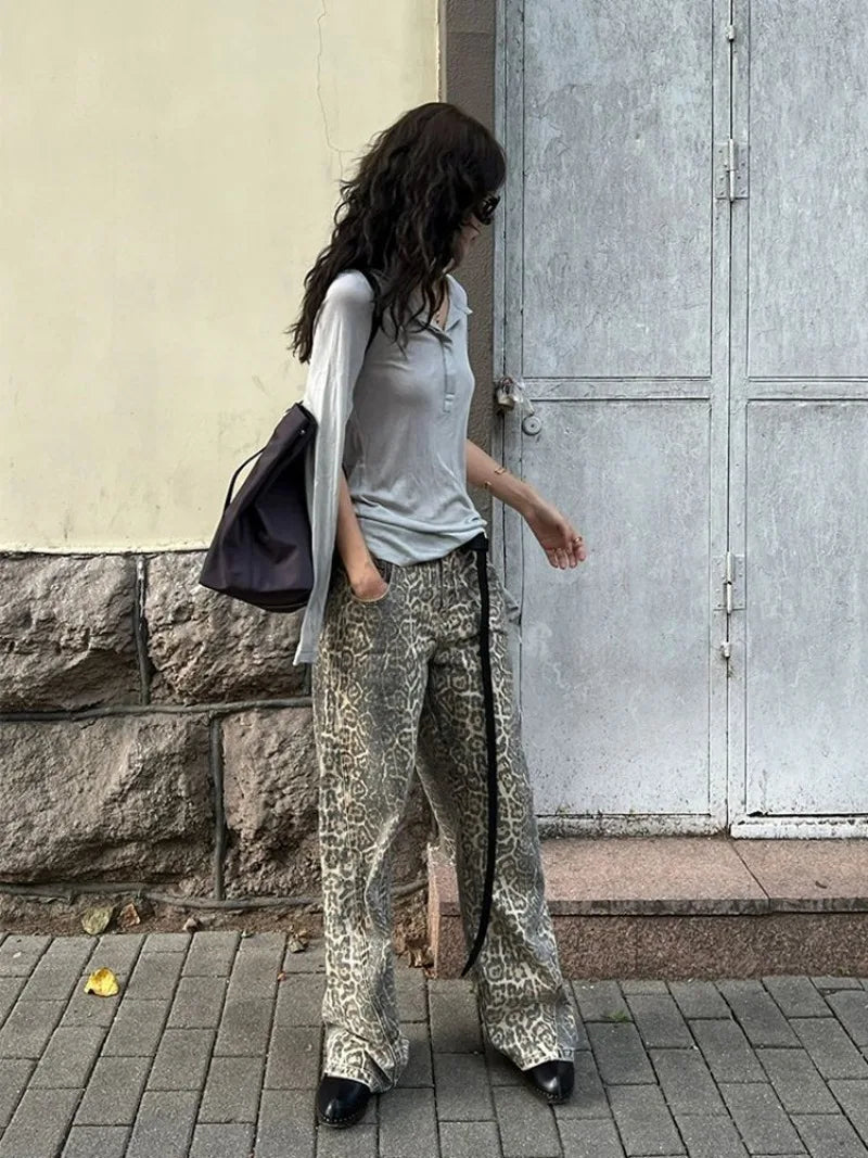 American Leopard Wash Jeans Women Y2K Retro Street Hot Girl Loose Korean Style Casual Hot Girl High Waist Straight Jeans