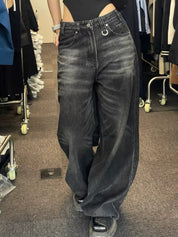 HOUZHOU Vintage Black Wide Leg Jeans Women Oversized High Street Korean Fashion Baggy Denim Trousers Grunge Y2k Female Hip Hop