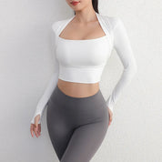 Aiithuug Padded Yoga Shirts Long Sleeve Yoga Crop Tops Low Cut Shirts Gym Shirt Workout Gym Top Insert Pads Slim Fit Sports Sexy