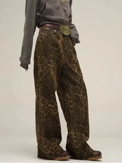 HOUZHOU Tan Leopard Jeans Women Denim Pants Female Oversize Wide Leg Trousers Streetwear Hip Hop Vintage Clothes Loose Casual