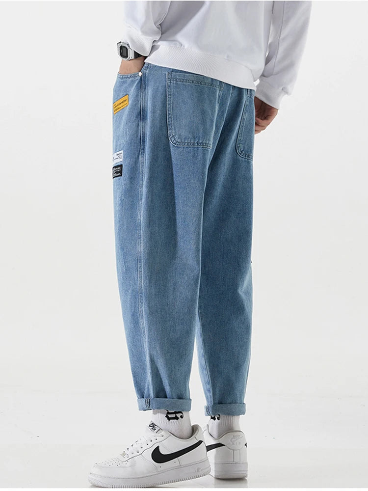 2023 New Korean Fashion Men's Jeans Classic Man Straight Denim Wide-leg Pants Solid Color Bagy Light Blue Grey Black 3XL