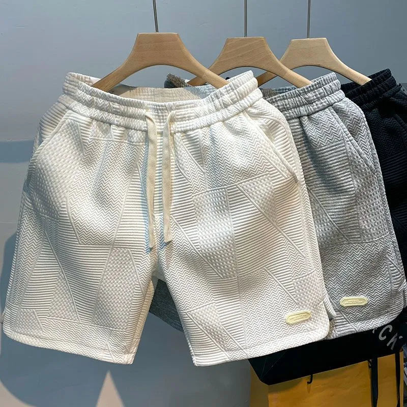 Summer Running Shorts for Men Casual Jogging Sport Short Pants Wave Pattern Solid Color Drawstring Loose Dry Gym Sports Shorts