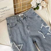 Denim Popular Ins Fashion Korean WIth Star 2023 Spring Autumn New High Waist Straight Leg Loose Fitting Jeans