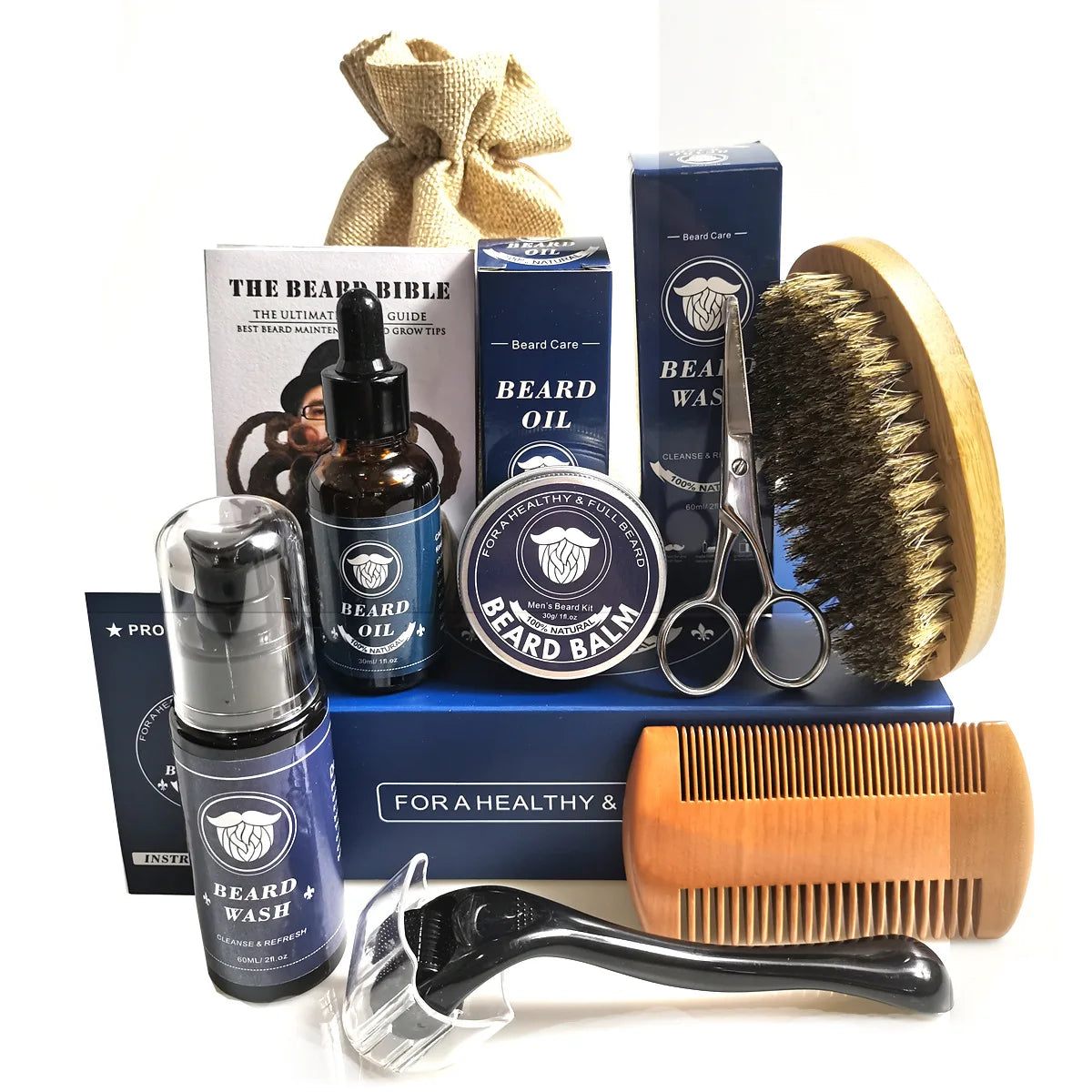 9Pcs/Sets Beard Growth Kit For Men Hair Enhancer Thicker Mustache Grooming Beard Care Oil Moisturizer Wax Balm With Comb Scissor