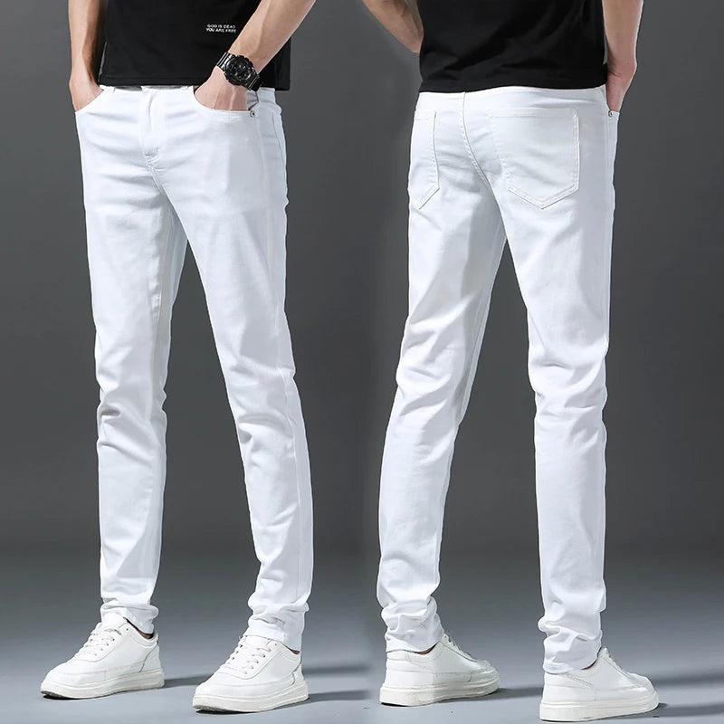 2024 Autumn New White Men's Jeans Straight Slim Solid Color Casual Denim Trousers Classic Male Brand Clothing Pants