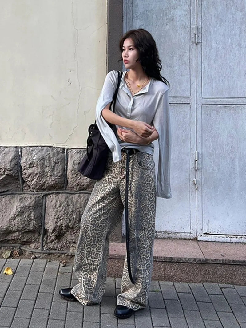 American Leopard Wash Jeans Women Y2K Retro Street Hot Girl Loose Korean Style Casual Hot Girl High Waist Straight Jeans