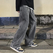 Korean Fashion Men's Baggy Jeans Elastic Waist  Classic olid Color Straight-leg Denim Wide-leg Pants Male Light Blue Grey Black
